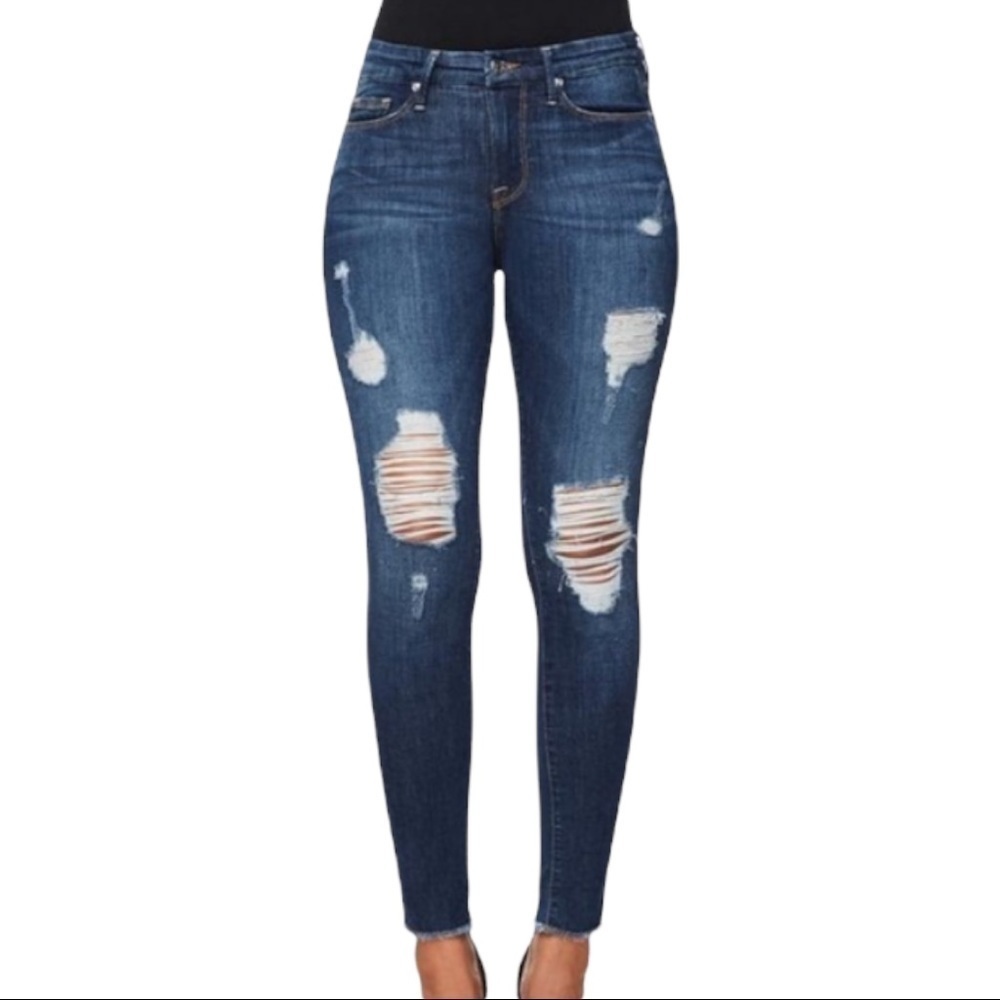 Good American Good Legs Destructed Skinny Jeans GAGLRE899,Blue Size 24 (00)